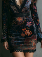 Women's Floral Velvet Mini Dress – V-Neck Party Dress