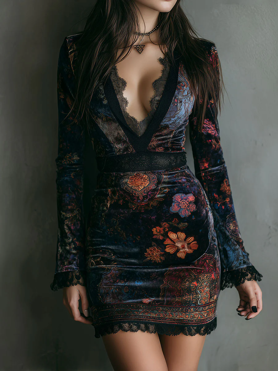 Women's Floral Velvet Mini Dress – V-Neck Party Dress