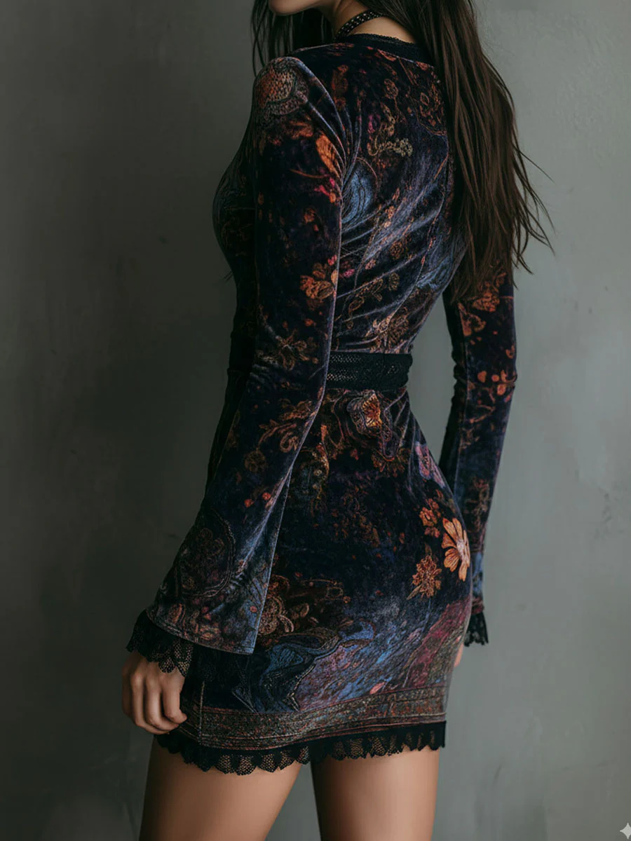 Women's Floral Velvet Mini Dress – V-Neck Party Dress
