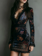 Women's Floral Velvet Mini Dress – V-Neck Party Dress