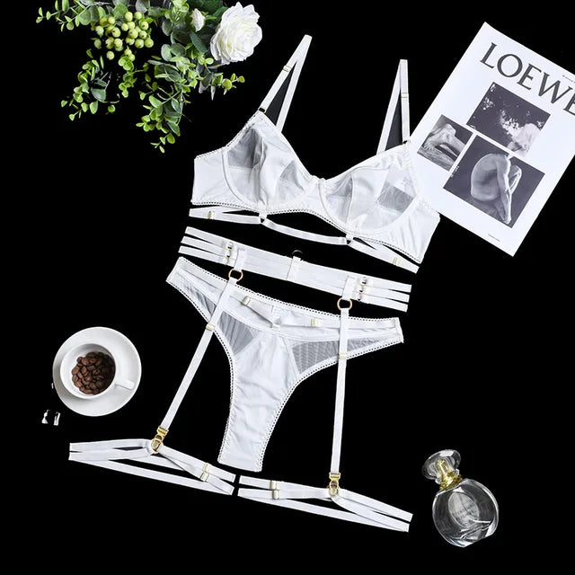 Women's Three-Piece Floral Lingerie Set – Lace Bra Brief & Garter Set