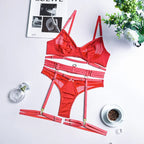 Women's Three-Piece Floral Lingerie Set – Lace Bra Brief & Garter Set