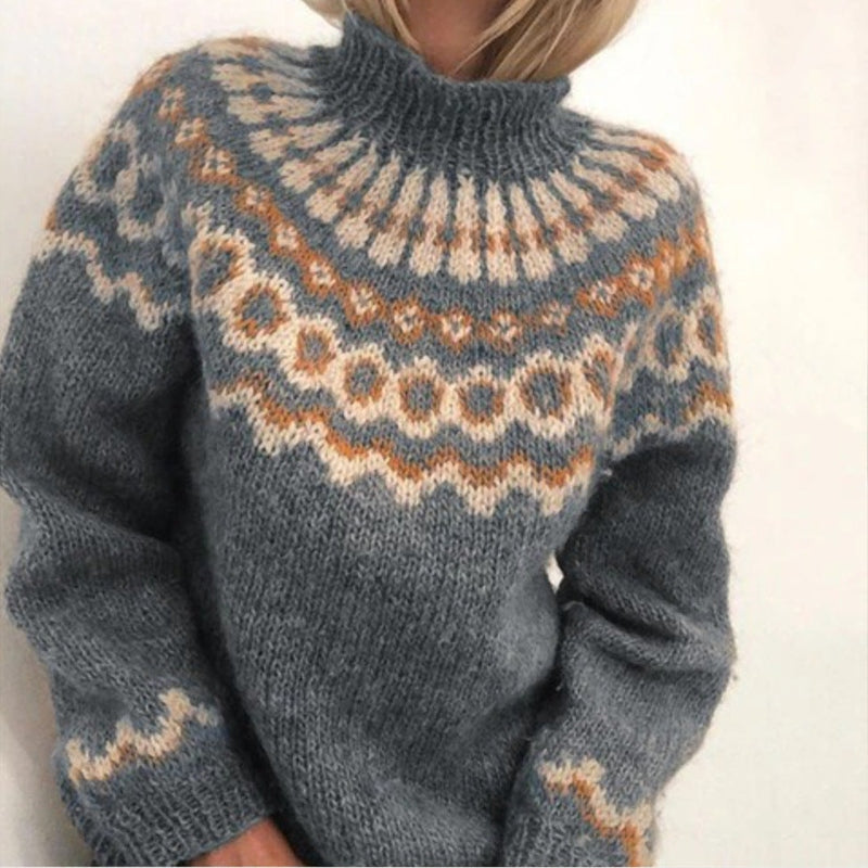 Women's Icelandic Sweater – Patterned High Neck Winter Pullover