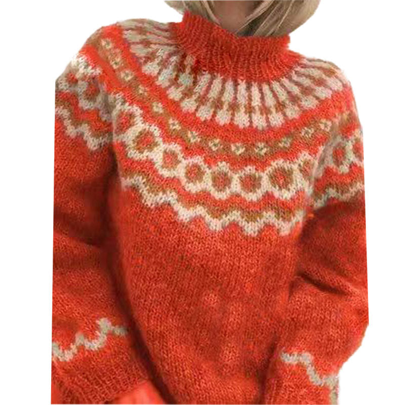 Women's Icelandic Sweater – Patterned High Neck Winter Pullover