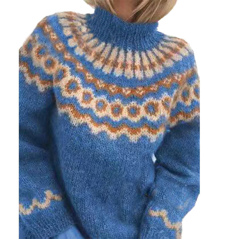 Women's Icelandic Sweater – Patterned High Neck Winter Pullover