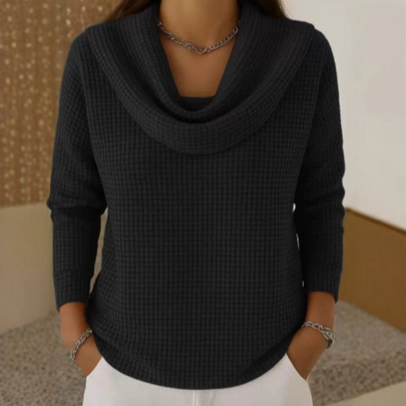 Women's Waterfall Neck Sweater – Waffle Texture Relaxed Knit Pullover