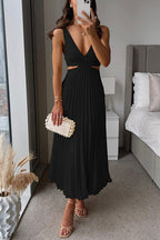 Women's Pleated V-Neck Midi Dress – Deep Neck Side Cutout Cocktail Dress