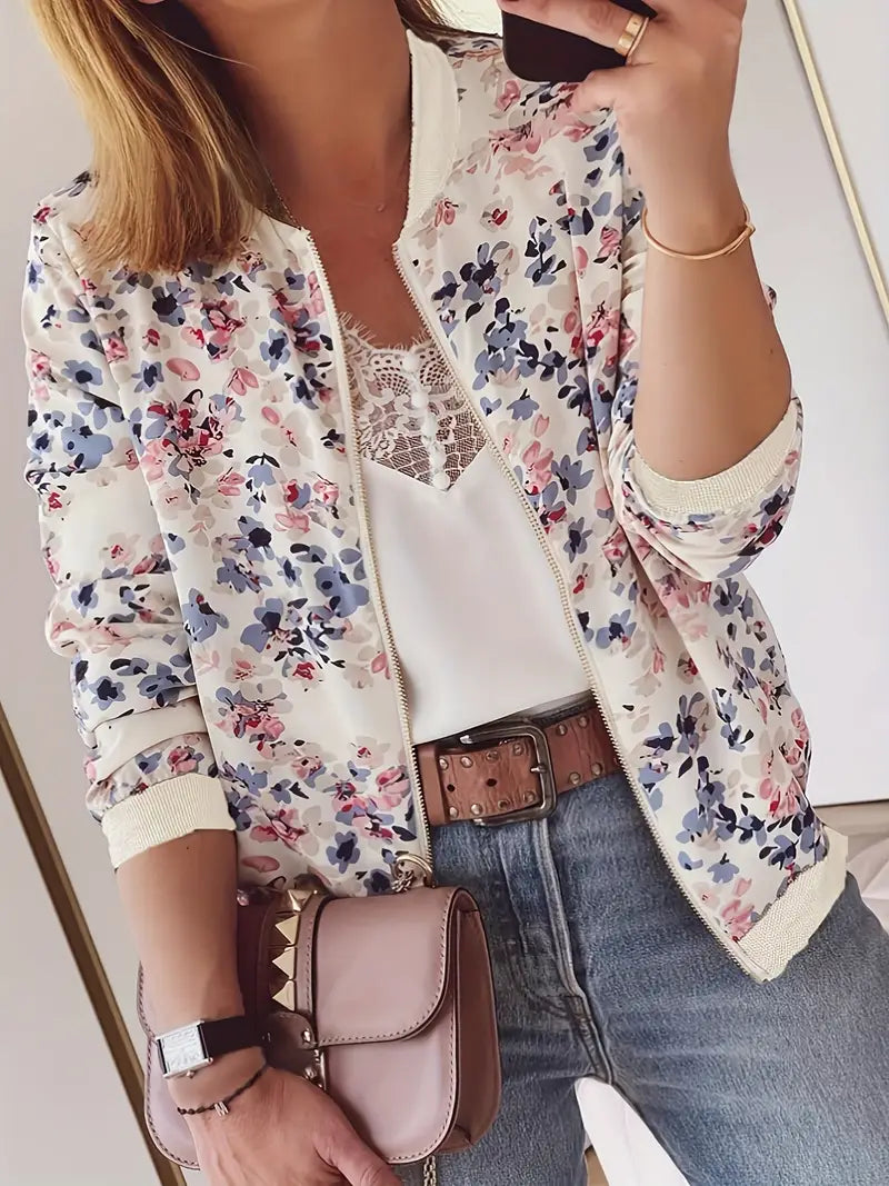 Women's Floral Bomber Jacket – Lightweight Zip-Up Jacket