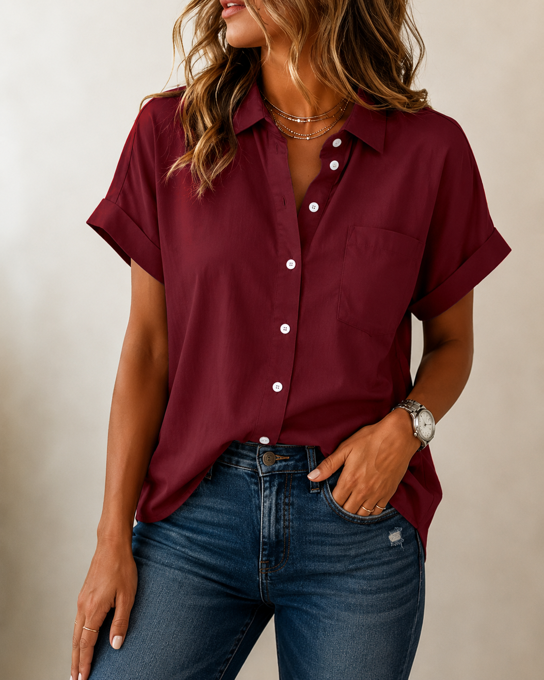 Women's Relaxed Button Blouse – Flowy Long Sleeve Shirt Blouse