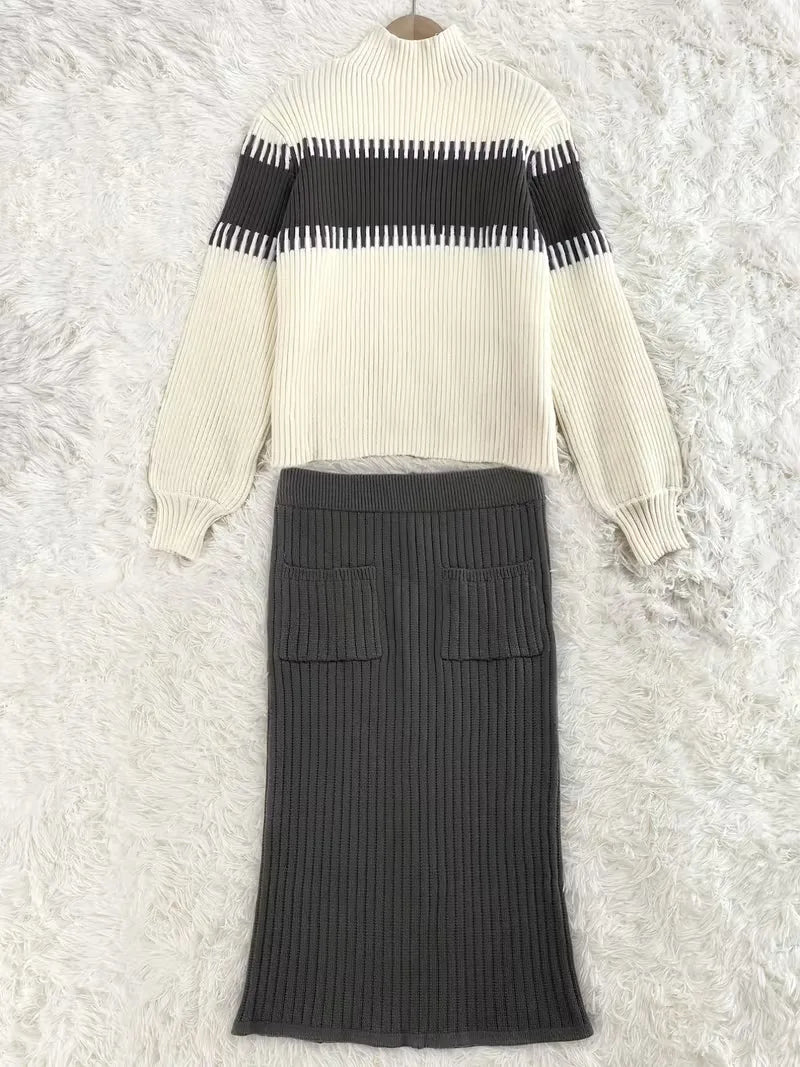 Women's Ribbed Sweater Set – Matching Knit Skirt Set