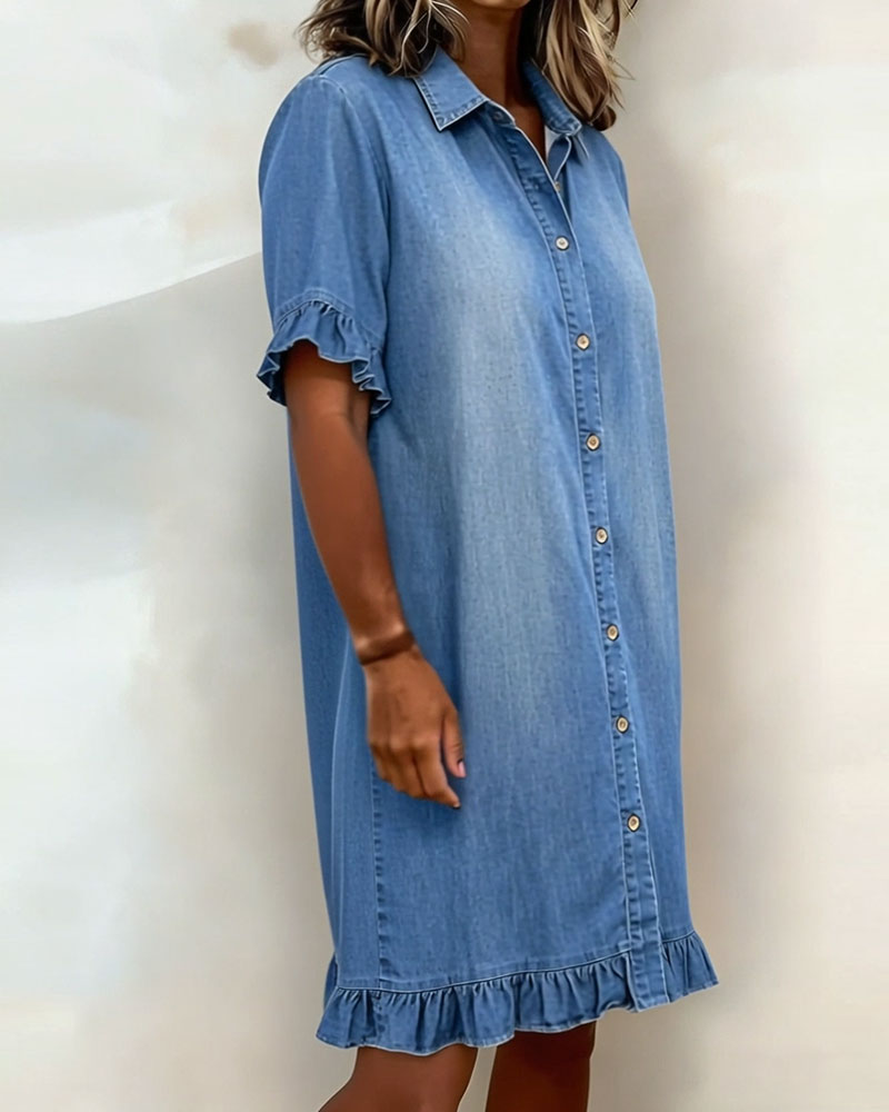 Women's Flounce Sleeve Shirt Dress – Button Front Knee-Length Dress