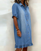 Women's Flounce Sleeve Shirt Dress – Button Front Knee-Length Dress