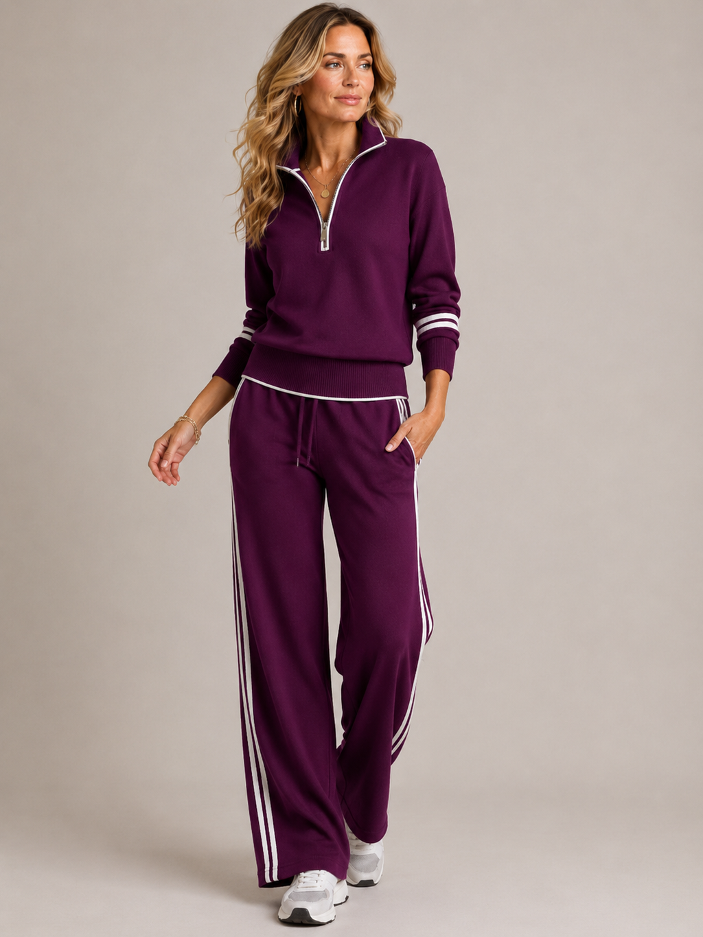 Women's Half-Zip Lounge Set – Wide Leg Pants Set