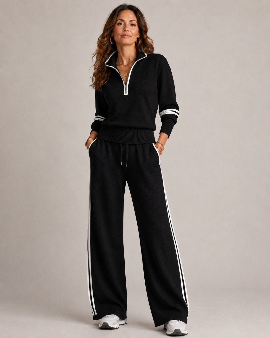 Women's Half-Zip Lounge Set – Wide Leg Pants Set