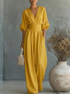 Women's V-Neck Wide Leg Jumpsuit – High Waist Pocket Formal Jumpsuit