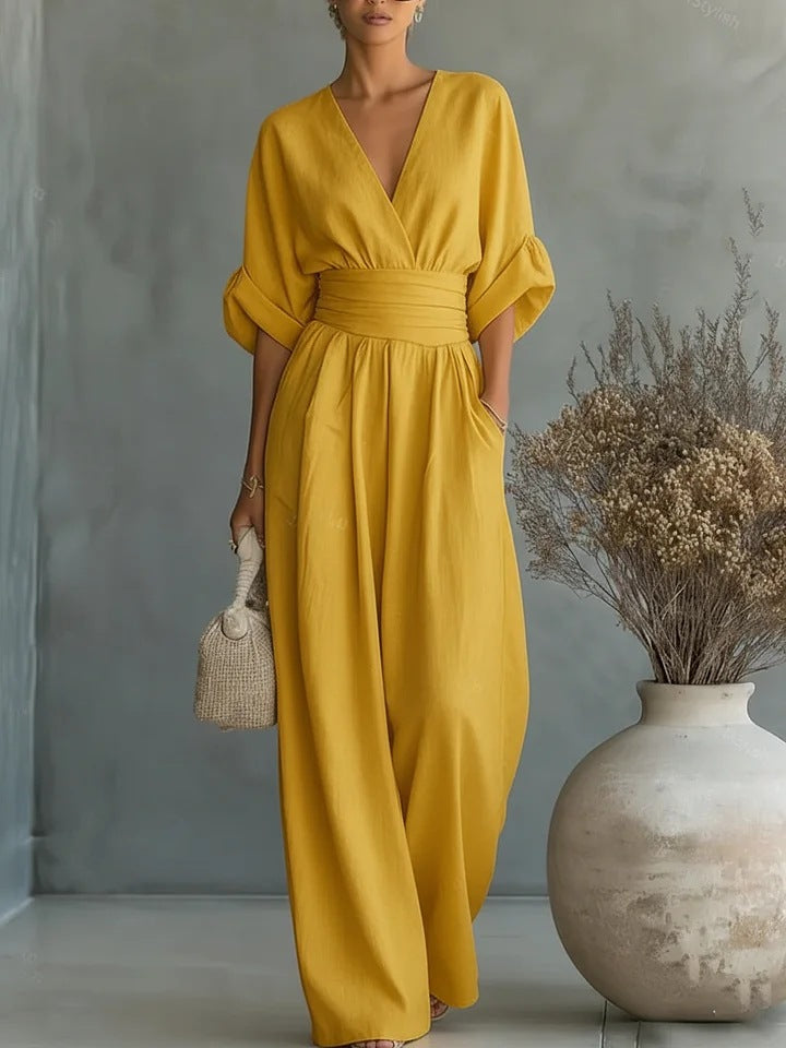 Women's V-Neck Wide Leg Jumpsuit – High Waist Pocket Formal Jumpsuit