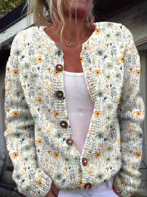 Women's Floral Embroidered Knit Cardigan – Button Front Long Sleeve Cardigan