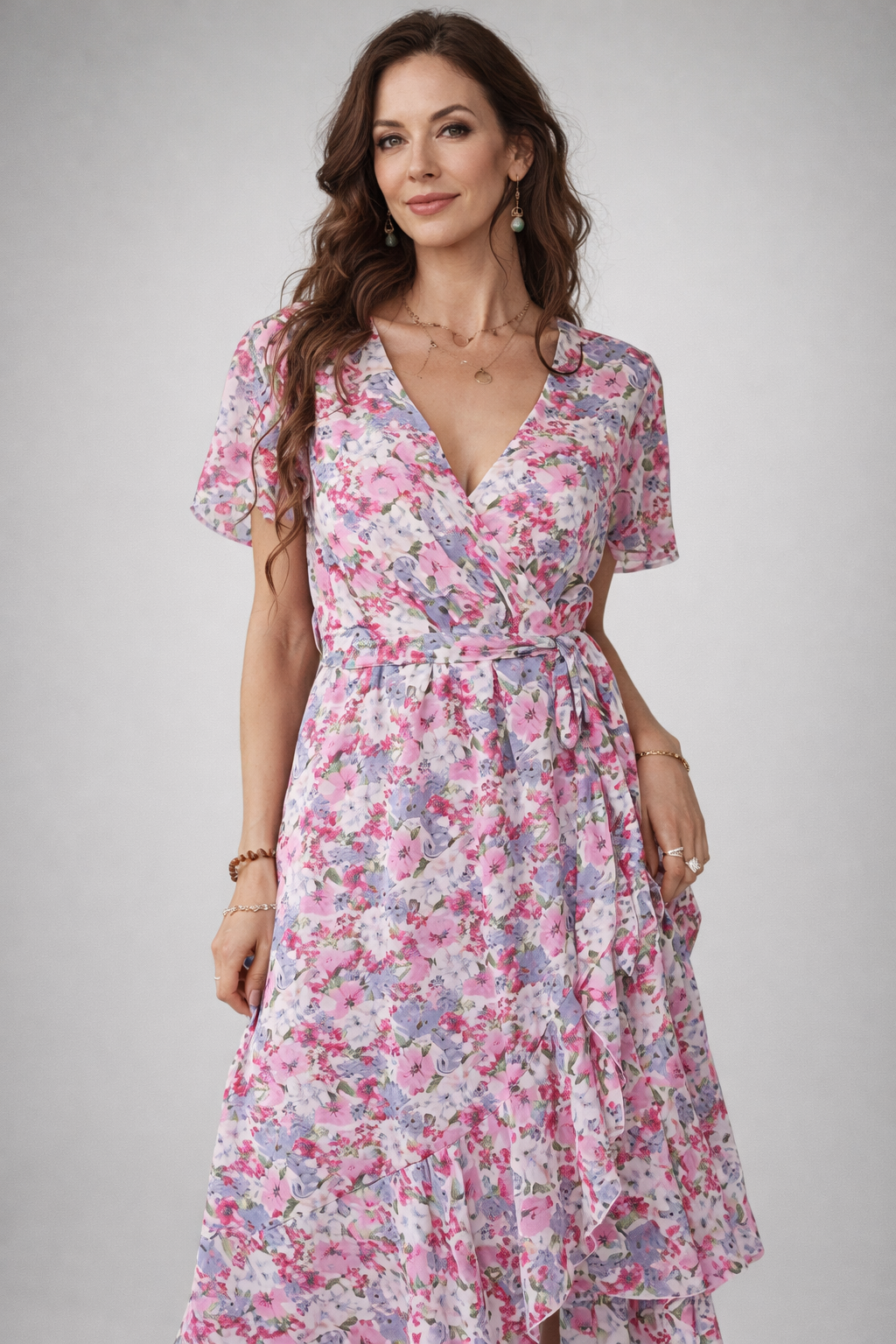 Women's Floral Midi Dress – Wrap V-Neck Dress