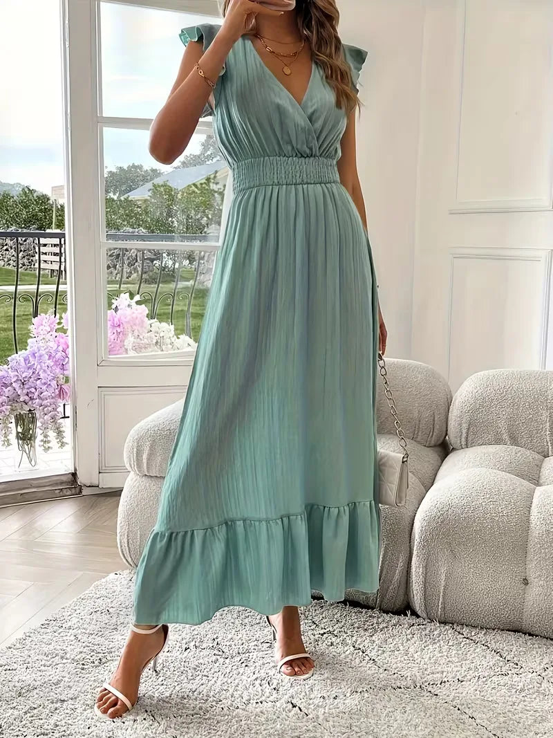 Women's V-Neck Tiered Maxi Dress – Short Sleeve Smocked Waist Evening Dress