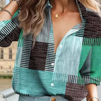Women's Patchwork Print Blouse – Relaxed Button Front Boho Blouse