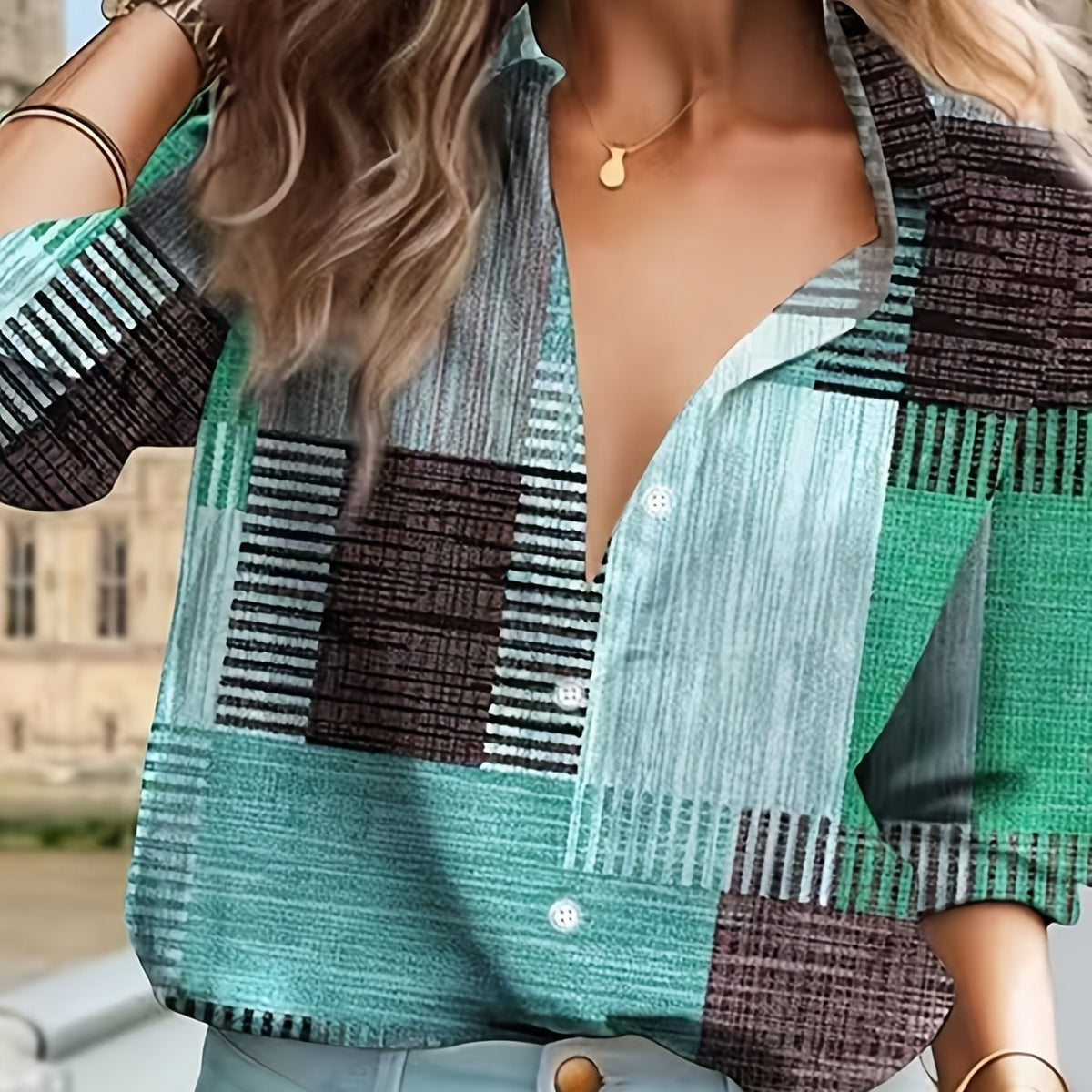 Women's Patchwork Print Blouse – Relaxed Button Front Boho Blouse