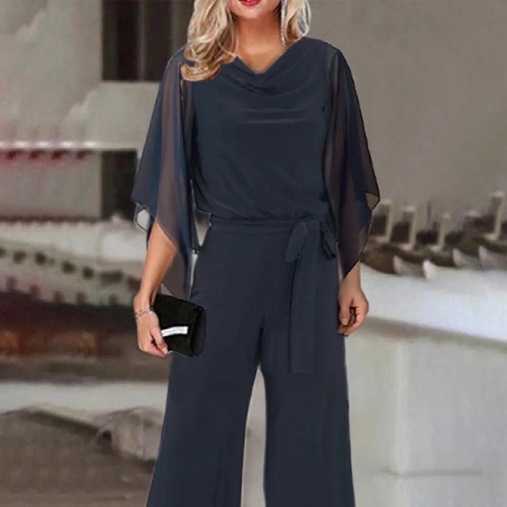 Women's Asymmetrical Sleeve Jumpsuit – Statement Wide Leg Occasion Jumpsuit