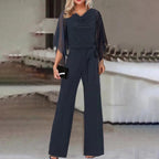 Women's Asymmetrical Sleeve Jumpsuit – Statement Wide Leg Occasion Jumpsuit