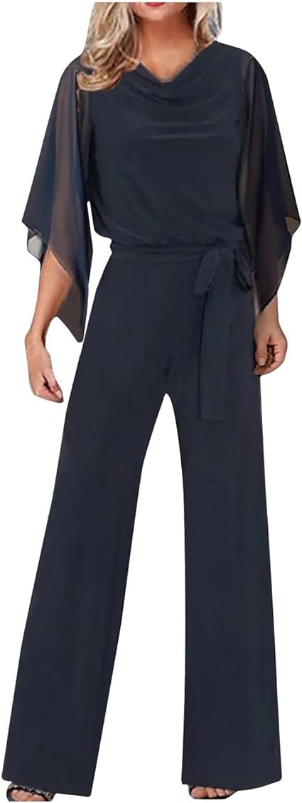 Women's Asymmetrical Sleeve Jumpsuit – Statement Wide Leg Occasion Jumpsuit