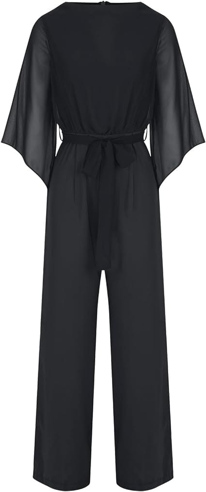 Women's Asymmetrical Sleeve Jumpsuit – Statement Wide Leg Occasion Jumpsuit
