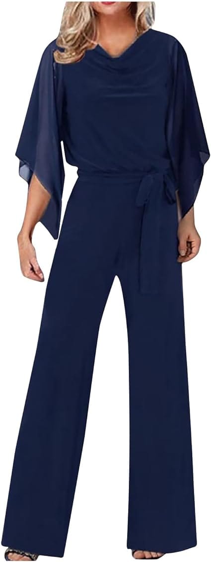 Women's Asymmetrical Sleeve Jumpsuit – Statement Wide Leg Occasion Jumpsuit