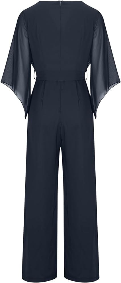 Women's Asymmetrical Sleeve Jumpsuit – Statement Wide Leg Occasion Jumpsuit