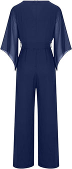 Women's Asymmetrical Sleeve Jumpsuit – Statement Wide Leg Occasion Jumpsuit