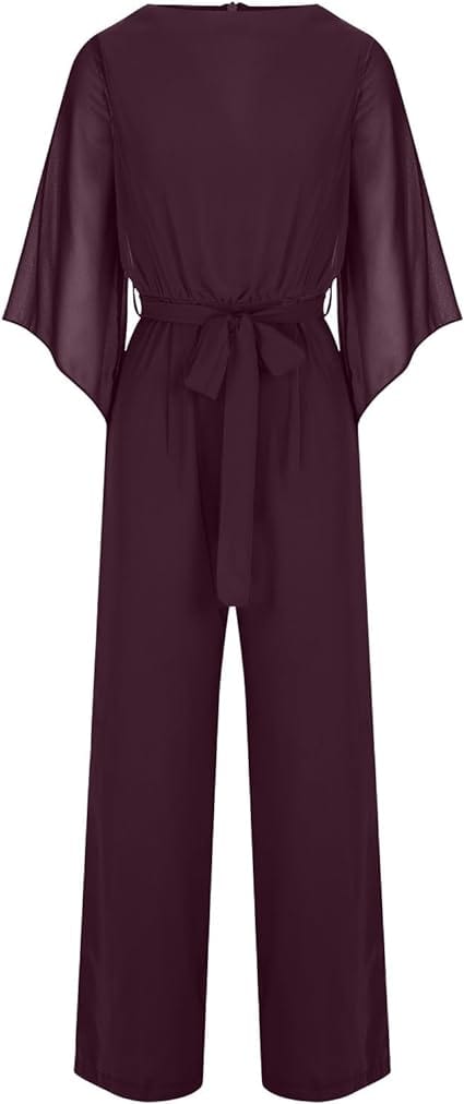 Women's Asymmetrical Sleeve Jumpsuit – Statement Wide Leg Occasion Jumpsuit