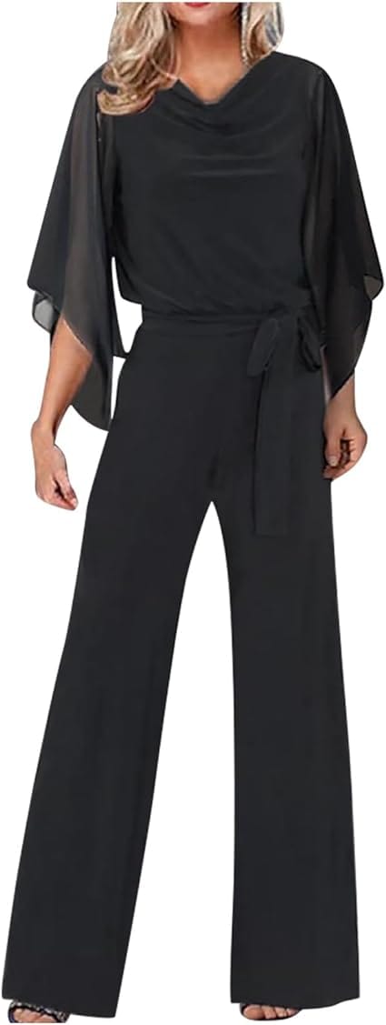 Women's Asymmetrical Sleeve Jumpsuit – Statement Wide Leg Occasion Jumpsuit