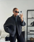 Women's Relaxed Bomber Jacket – Oversized Zip Front Casual Jacket