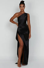 Women's One Shoulder Evening Maxi Gown – High Slit Formal Dress