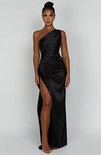 Women's One Shoulder Evening Maxi Gown – High Slit Formal Dress