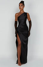 Women's One Shoulder Evening Maxi Gown – High Slit Formal Dress