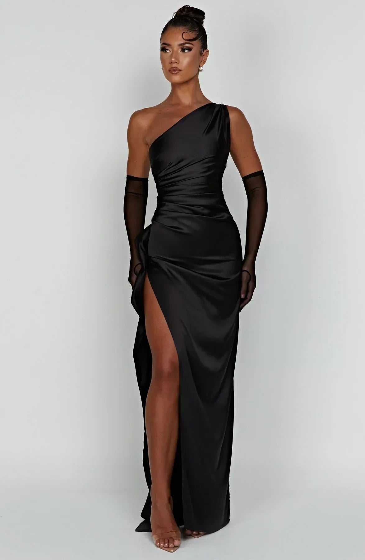 Women's One Shoulder Evening Maxi Gown – High Slit Formal Dress