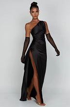 Women's One Shoulder Evening Maxi Gown – High Slit Formal Dress