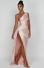 Women's One Shoulder Evening Maxi Gown – High Slit Formal Dress