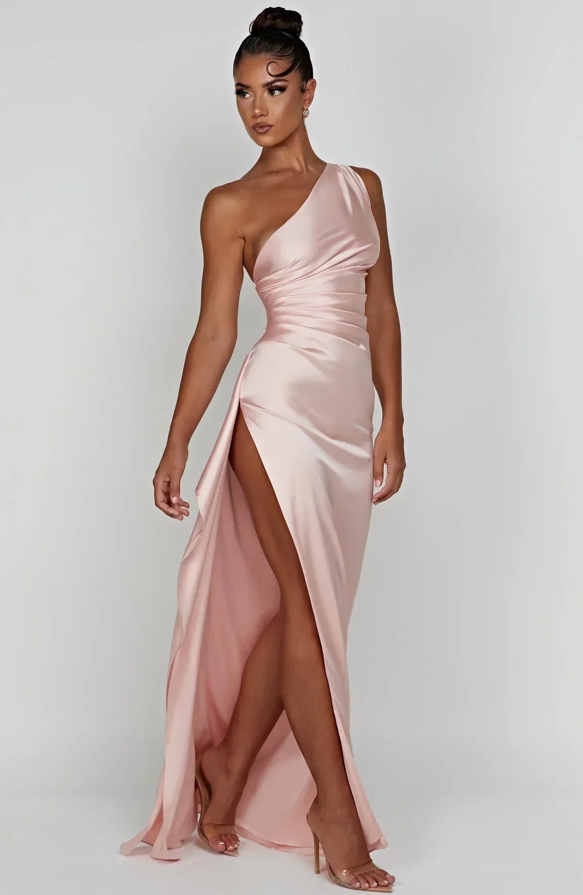 Women's One Shoulder Evening Maxi Gown – High Slit Formal Dress