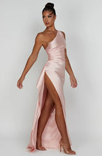 Women's One Shoulder Evening Maxi Gown – High Slit Formal Dress