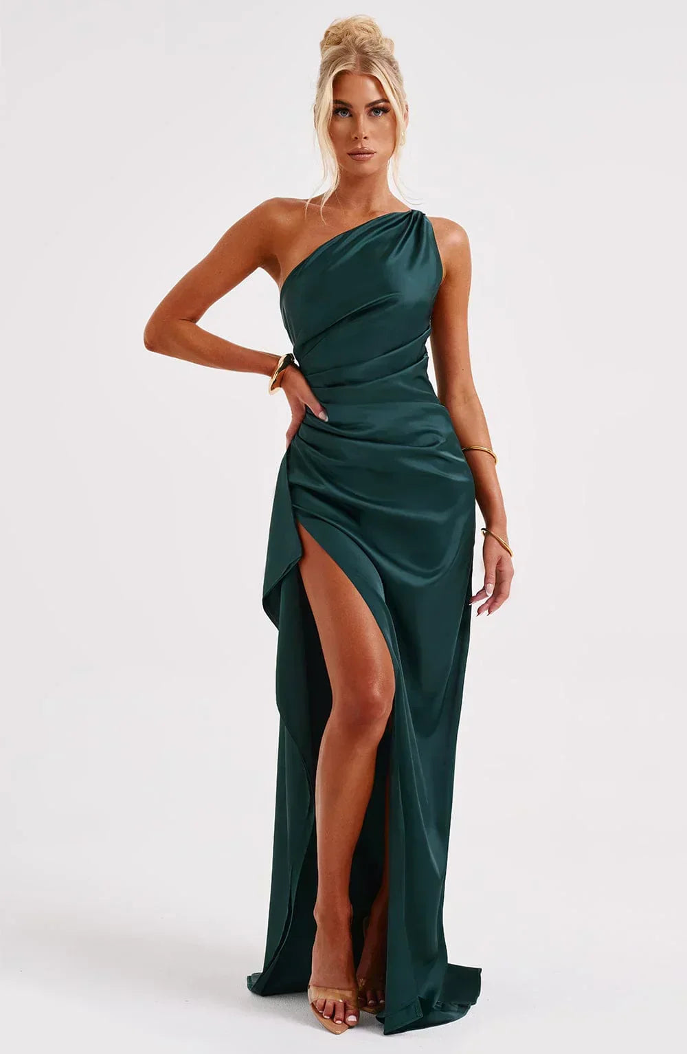 Women's One Shoulder Evening Maxi Gown – High Slit Formal Dress