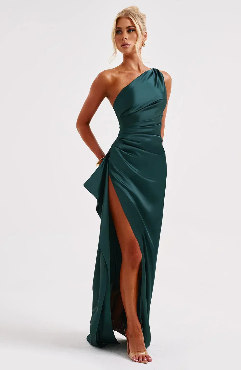 Women's One Shoulder Evening Maxi Gown – High Slit Formal Dress