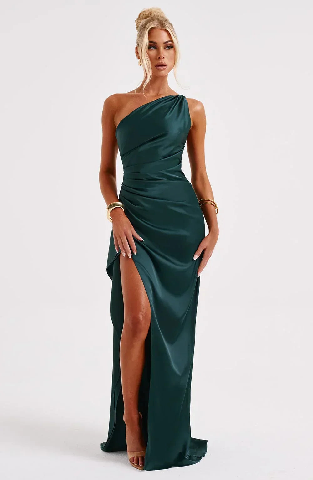 Women's One Shoulder Evening Maxi Gown – High Slit Formal Dress
