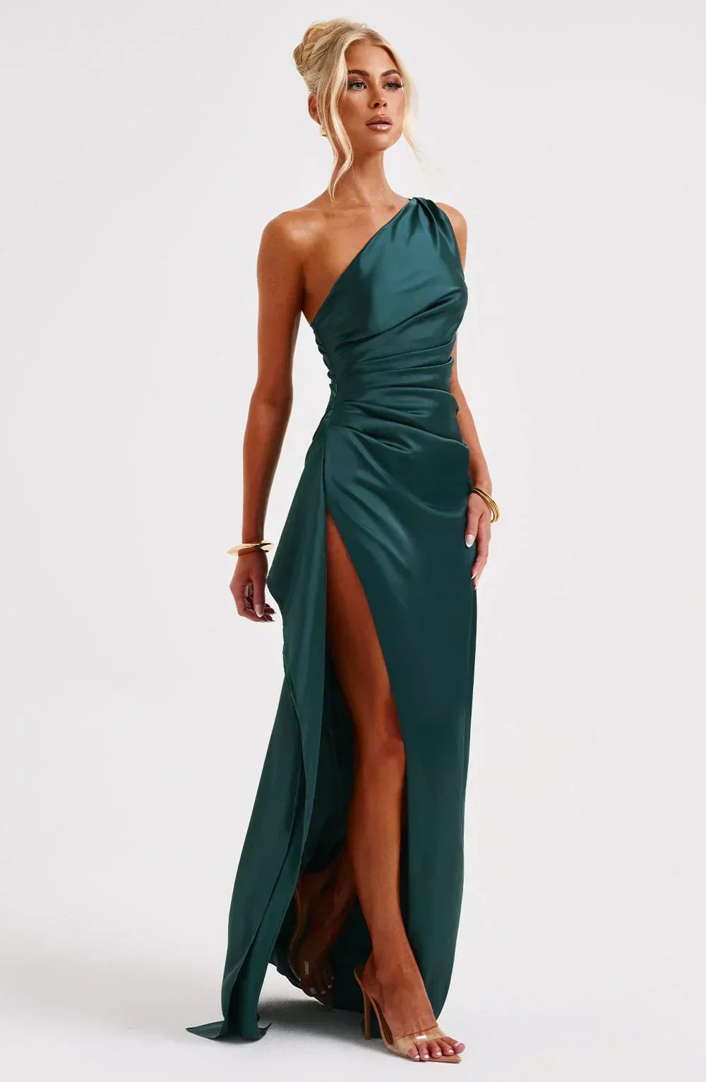 Women's One Shoulder Evening Maxi Gown – High Slit Formal Dress