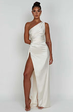 Women's One Shoulder Evening Maxi Gown – High Slit Formal Dress