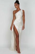 Women's One Shoulder Evening Maxi Gown – High Slit Formal Dress