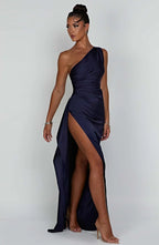 Women's One Shoulder Evening Maxi Gown – High Slit Formal Dress
